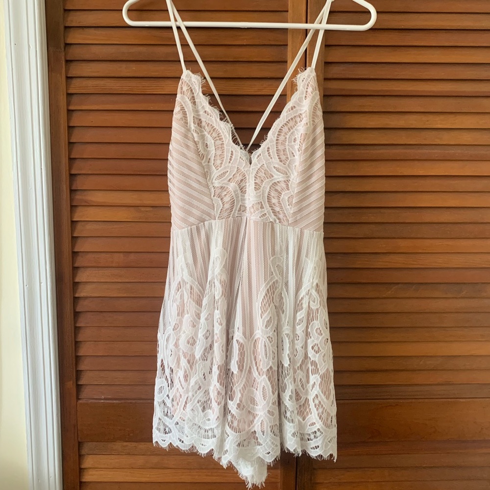 White Lace Romper with Lace Up Back